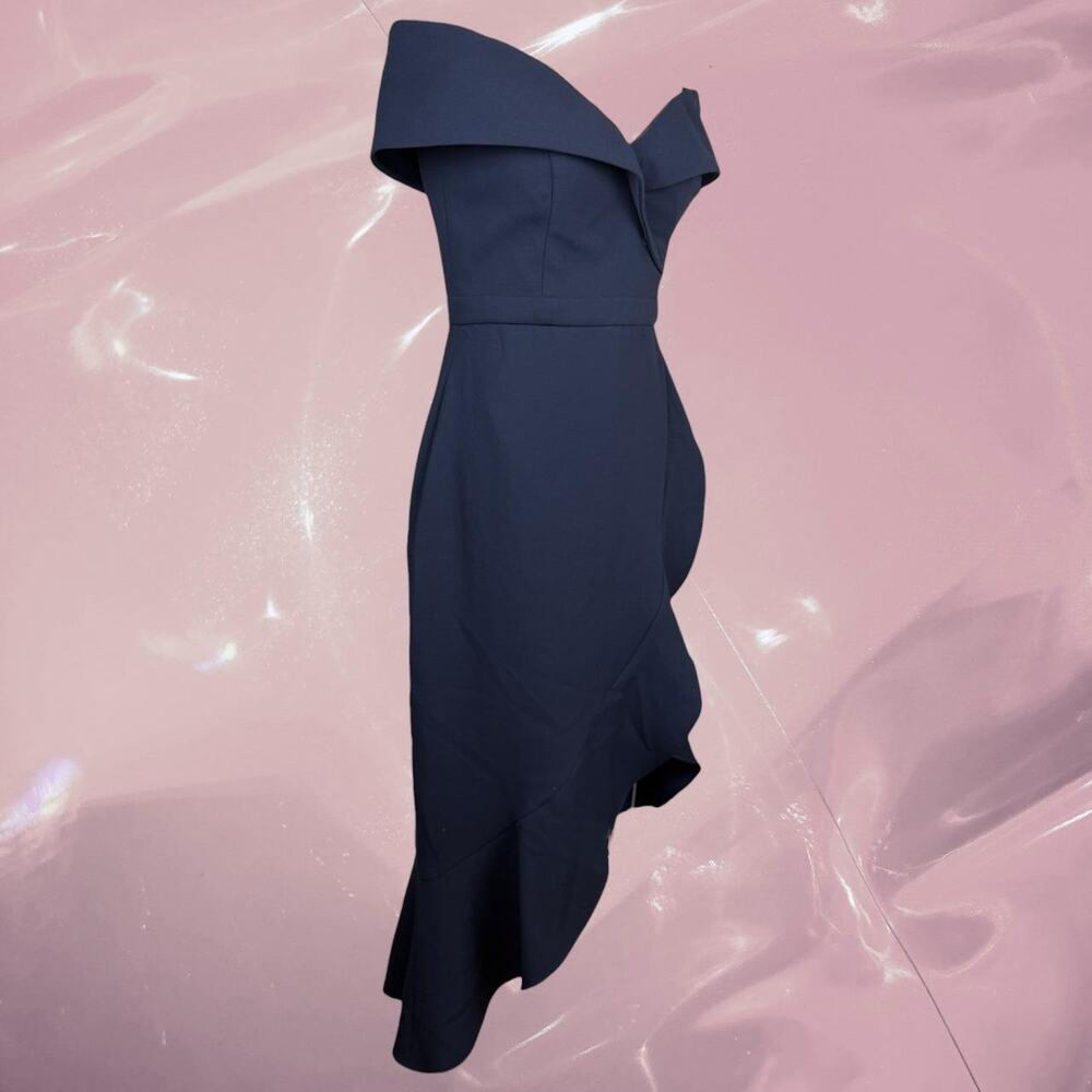 Vintage Avery G blue off-shoulder ruffle hem mermaid dress bridesmaid wedding